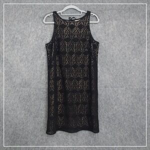 Ann Taylor Loft Dress 8 Black Crochet Knit Sheath Layered Lined Boho Festival